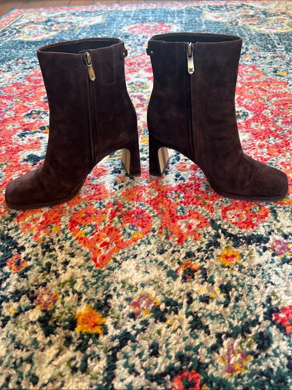 Sam Edelman Dark Brown Suede Block Heel Ankle Boots